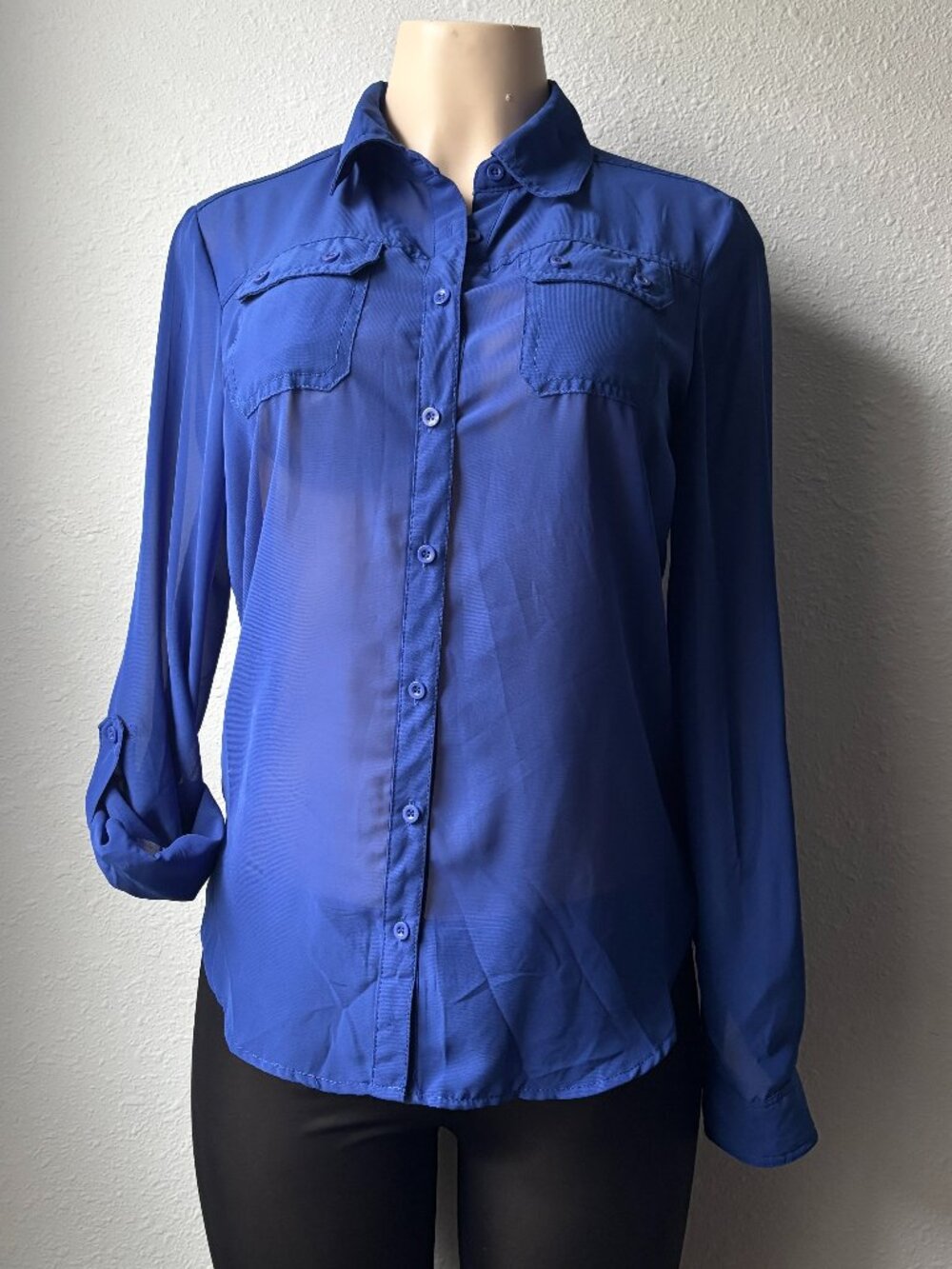 Royal blue sheer chiffon roll tab sleeve button down blouse top